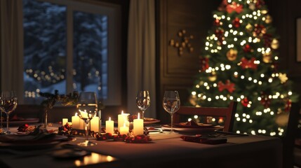 A Christmas tree is lit up with candles and the room is set for a dinner party