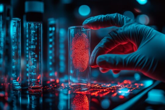 Advanced forensic technologies, including fingerprint analysis scanners, DNA testing equipment, and digital forensic tools used by specialists in a high-tech laboratory environment. Generative AI