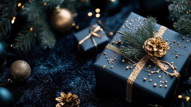 Elegant black christmas card design with gold accents for holiday greetings