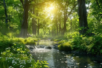 Serene Forest with Bubbling Stream and Towering Trees
