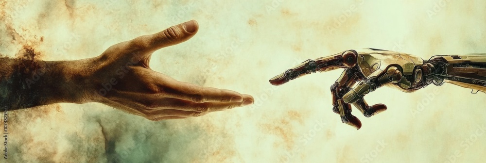 Aufkleber a human hand and a robotic hand extend towards each other, symbolizing the merging of human skills a