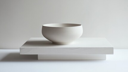 Fototapeta premium Minimalistic ceramic bowl placed on a modern white platform against a clean backdrop.
