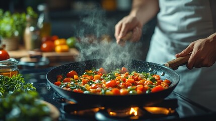 Close up of a chef cooking vegetables in a pan on a stovetop.