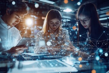 A group of Asian professionals is collaboratively working at a table in a manufacturing facility, focused on their tasks while utilizing technology and sharing ideas in a dynamic environment.