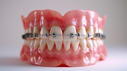 Obraz premium Orthodontic tooth model and bracket or brace. Clean and Scrape off tartar. May Orthodontic Health Day, March Oral health, Dentist Day, False Teeth, generated AI