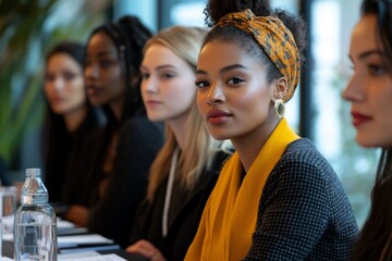 Obraz premium Confident Young Woman in a Yellow Scarf and Headscarf Looking at the Camera with Friends i