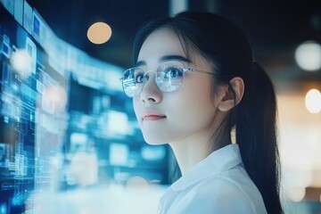 Obraz premium A young Asian woman with glasses intently engages with digital displays during a virtual meeting, highlighting her proficiency with technology and collaboration tools in a professional setting.