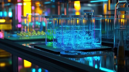 Science Lab with Blue and Green Solutions
