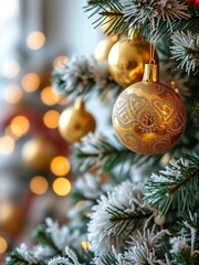 close up of shiny round gold baubles on a christmas tree with blurred background and lights