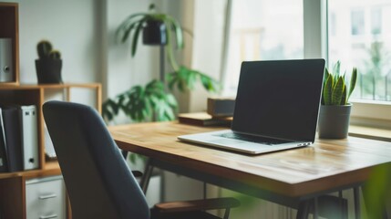 Minimalist office desk setup featuring wooden desk, sleek black chair, and laptop background with empty space for text