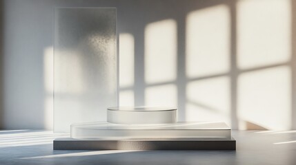 Fototapeta premium Modern display platform with soft light and shadows in a minimalistic interior.