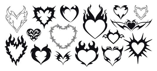Heart tattoo. Hearts in flames black stickers. Gothic style symbols, rock fire elements. Valentines day vintage love icons, tribal racy vector clipart