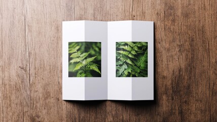 Fototapeta premium A minimalist open booklet showcasing vibrant green ferns against a rustic wooden surface.