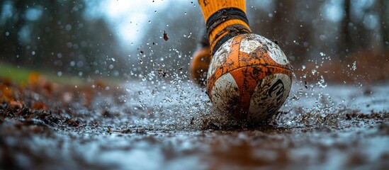 Fototapeta premium Muddy Rugby Ball Splash