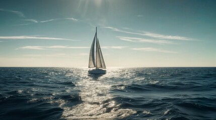 Obraz premium sailing boat on the horizon with clear sky and calm water