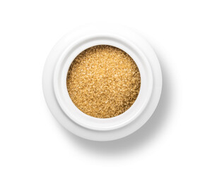 cup of sugar top view on white background