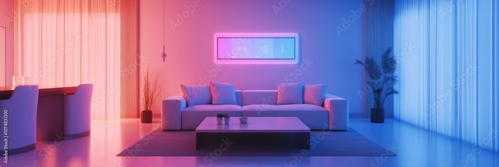 Aufkleber the stylish living room features customizable ambient lighting, with vibrant hues creating a relaxed