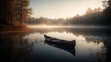 aventura y aire libre. barca solitaria en un lago tranquilo. paz y soledad