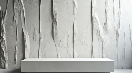 Modern minimalist interior with textured white wall and clean white bench, creating a serene atmosphere.