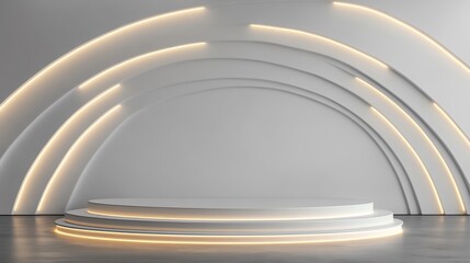 Obraz premium Modern stage design with elegant lighting and curved white background.