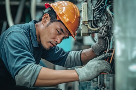 A technician carefully inspects and repairs machinery using tools in an industrial environment, focusing on the intricate wiring and components to ensure operational efficiency.