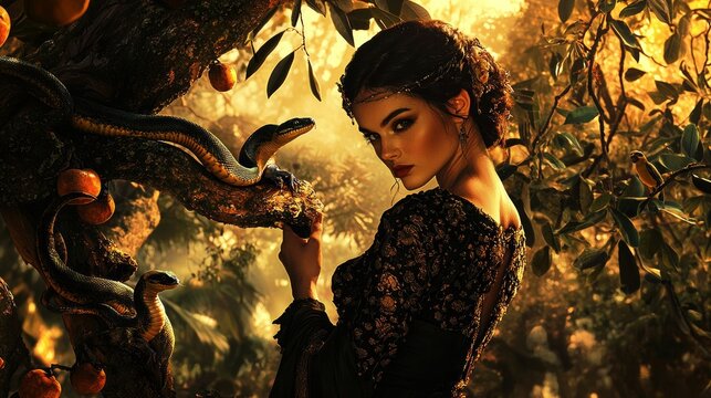 magical twilight glow Lilith exudes strength and mystery her piercing gaze challenging viewer while enveloped lush greenery snakes and vibrant birds.