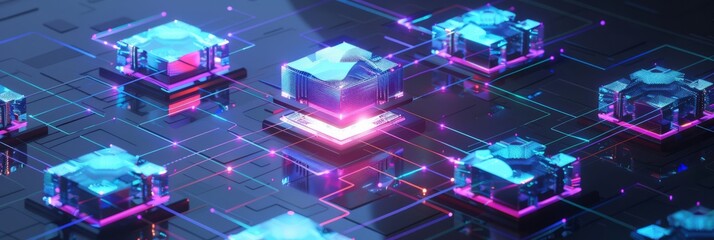 Intricate blockchain network visualization with interconnected nodes and lines glowing in blue and purple isolated on a dark gradient background