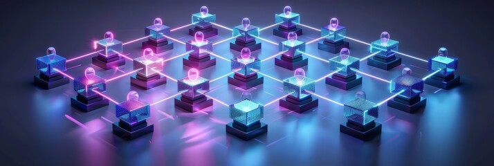 Intricate blockchain network visualization with interconnected nodes and lines glowing in blue and purple isolated on a dark gradient background