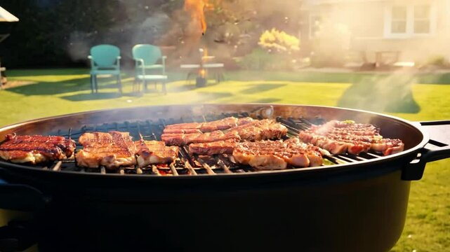 Closeup of  a Chef cooking a delicious grilled meats on a big BBQ grill. Cook beff meat. Food cooked with grilling barbecue in backyard of house. Generative AI