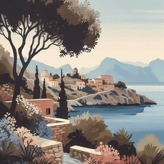 Beautiful landscape of the island of Crete, Greece. Printable square illustration