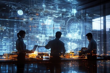 A group of Asian engineers is collaboratively working on advanced engineering projects in a futuristic office. The atmosphere is illuminated by digital screens and glowing data visuals.
