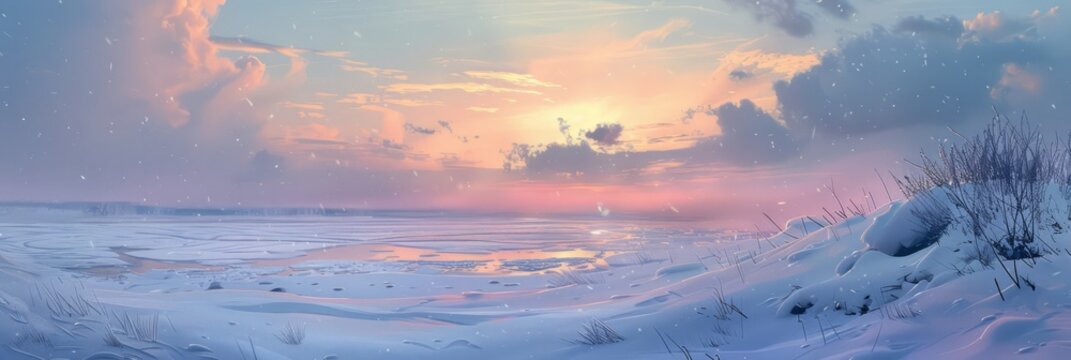 Gentle snowfall blankets a tranquil landscape, pastel hues painting the sky during a winter sunrise