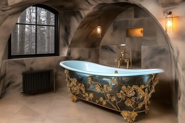 Luxury unique bathroom interior, antique blue and gold filigree bathtub, thick ancient stone walls, minimal aesthetic. 