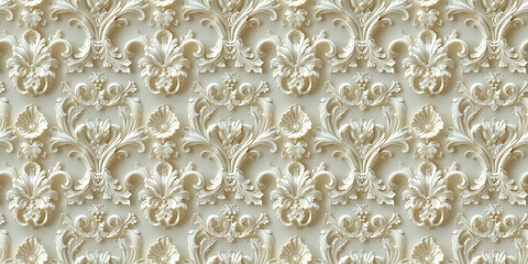Elegant floral pattern with ornate baroque motifs in beige and cream color scheme
