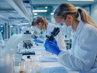 Microbiology laboratory with scientists studying microorganisms under microscopes