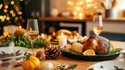 Festive dinner table beautifully decorated with a roasted turkey and seasonal dishes, surrounded by warm lights and autumnal décor