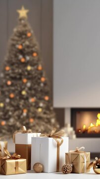 Panning the camera near a Christmas tree and gifts in a modern room  - vertical animation