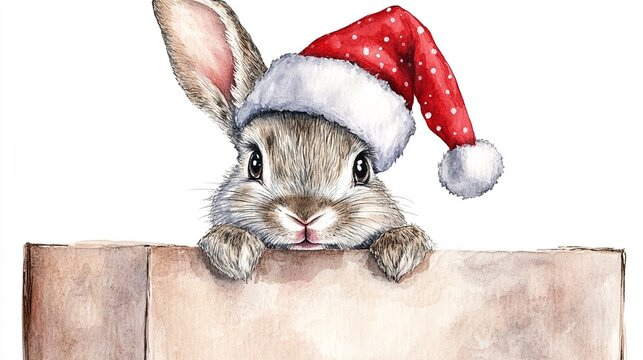Illustrazione con colori pastello di un coniglietto con cappello di Babbo Natale in una scatola, che fa capolino con un'espressione stupita. Isolato su sfondo bianco trasparente. Stile acquarello.