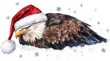 Aquila addormentata, rannicchiata in un cappello da Babbo Natale, con fiocchi di neve che cadono. Illustrazione con colori acquarello. Isolata su sfondo bianco trasparente.