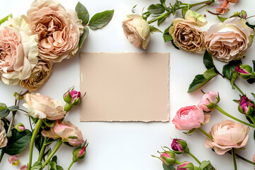 Beautiful handmade flowers arranged around blank greeting card isolated on white