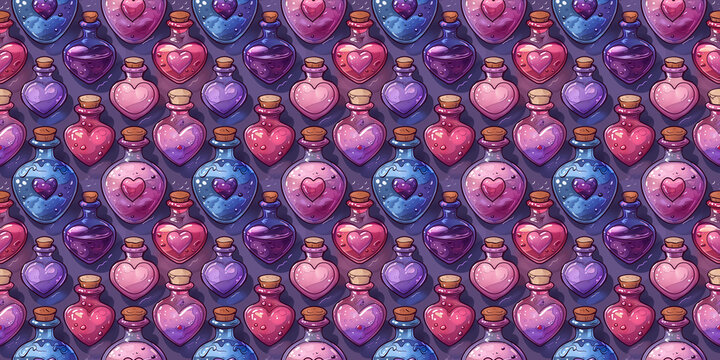 Colorful potion bottles with hearts in vibrant repeating pattern
