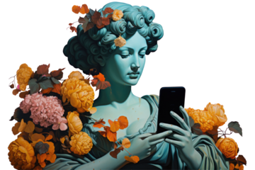 An ancient Greek woman statue in sunglasses looks at the phone among flowers. PNG transparent background