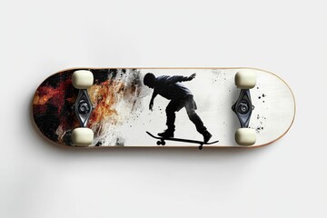 Skateboard deck with silhouette of a skater.