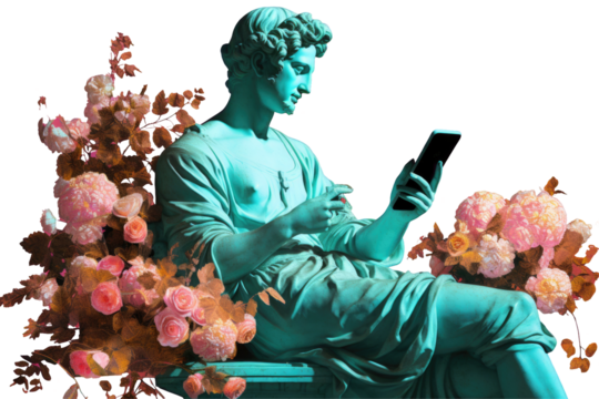 An ancient Greek statue in sunglasses looks at the phone among flowers. PNG transparent background - Powered by Adobe