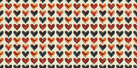 Seamless watercolor heart pattern on vintage background: red and black artistic design