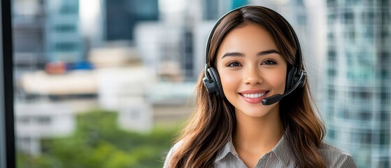 A smiling woman in a headset stands in a modern office setting, representing customer service, communication, and professionalism.