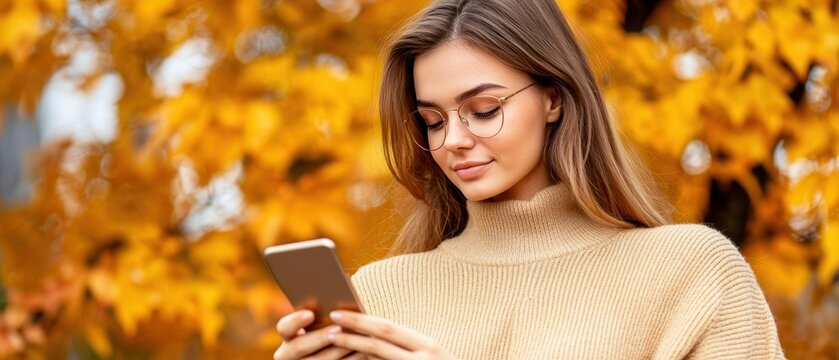 A young woman in a cozy sweater uses her smartphone amidst a backdrop of vibrant autumn foliage.
