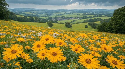 Yellow Wildflowers Field with Countryside and Cloudy Sky