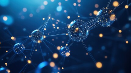 Pulsating digital spheres connected by glowing light beams, floating over a deep blue background, symbolizing data exchange and modern technology in business.