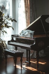 Fototapeta premium Black grand piano with open lid and bench.